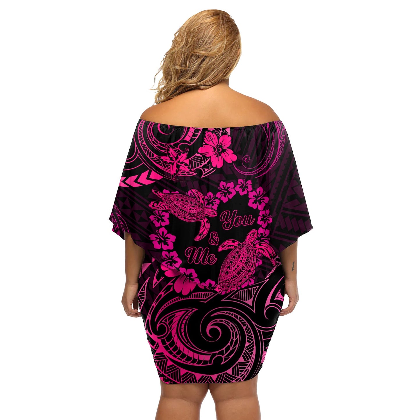 Polynesian Turtle Valentine Schulterfreies Kurzes Kleid blumen You And Me Rosa Hibiskus Herz LT01