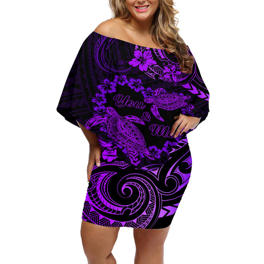Polynesian Turtle Valentine Off Shoulder Short Dress You And Me Purple Hibiscus Heart LT01 Women Purple - Polynesian Pride