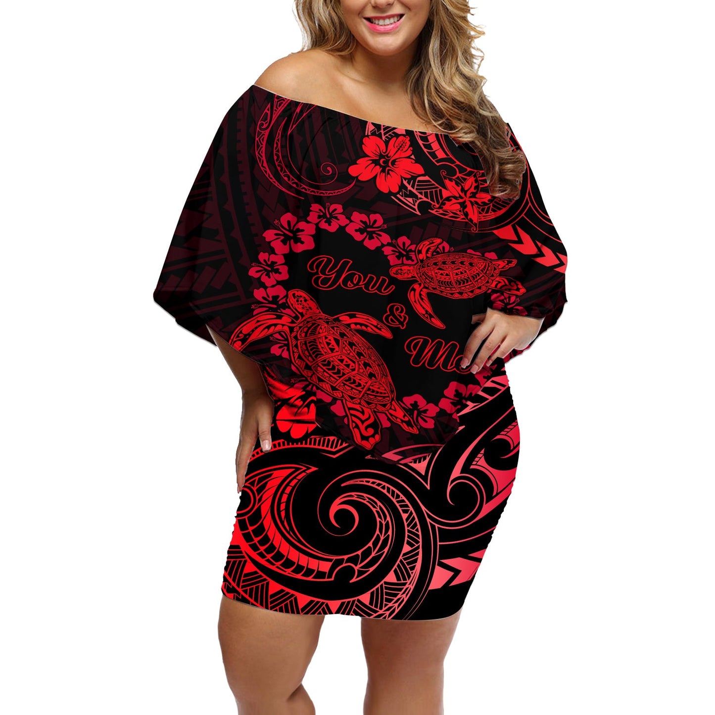 Polynesian Turtle Valentine Off Shoulder Short Dress You And Me Red Hibiscus Heart LT01 Women Red - Polynesian Pride