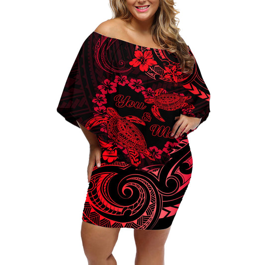 Polynesian Turtle Valentine Off Shoulder Short Dress You And Me Red Hibiscus Heart LT01 Women Red - Polynesian Pride