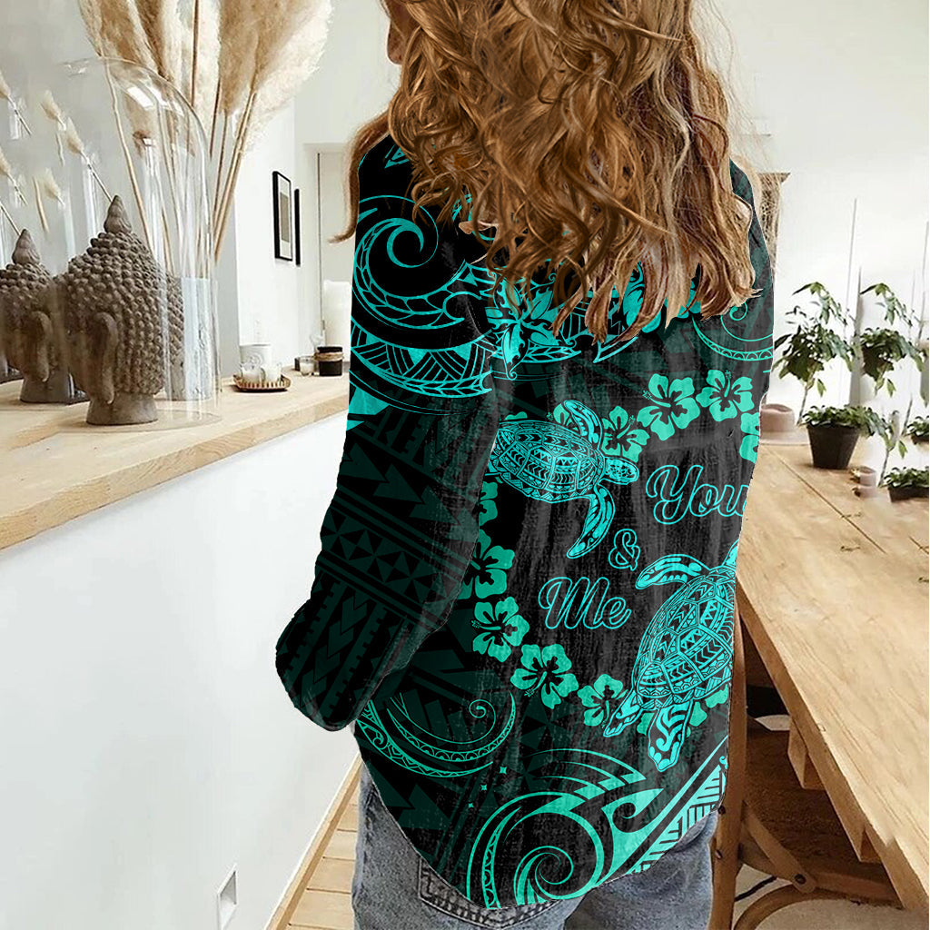 Polynesian Turtle Valentine Damen Casual Shirt You And Me Türkis Hibiskus Herz LT01