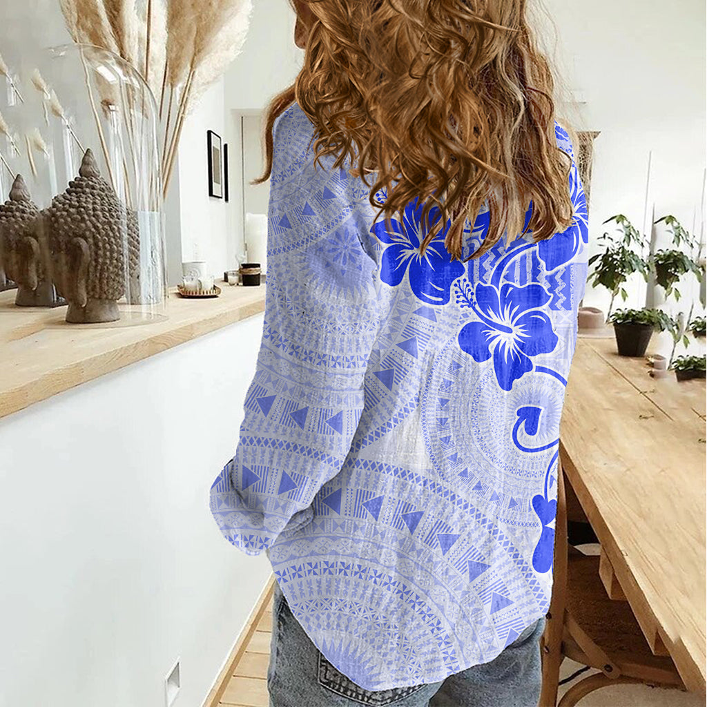 Fiji Masi mit Hibiscus Tapa Tribal Damen Freizeithemd Blau Pastell LT01