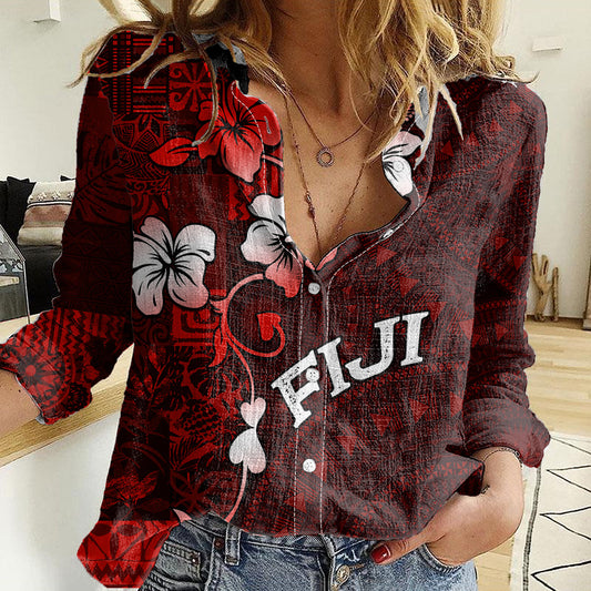 Fiji Masi Women Casual Shirt Fijian Hibiscus Tapa Red Version LT01 Female Red - Polynesian Pride