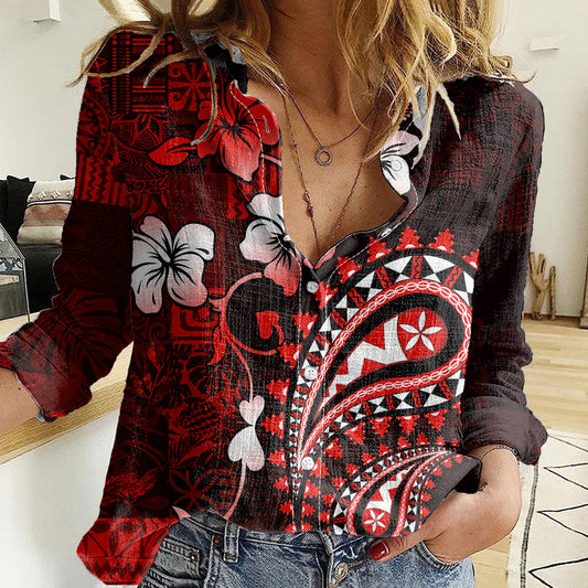 Fiji Masi Paisley Women Casual Shirt Fijian Hibiscus Tapa Red Version LT01 Female Red - Polynesian Pride