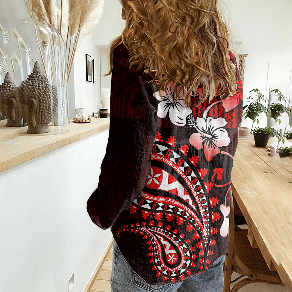 Fiji Masi Paisley Damen Freizeithemd Fijian Hibiscus Tapa Rot Version LT01