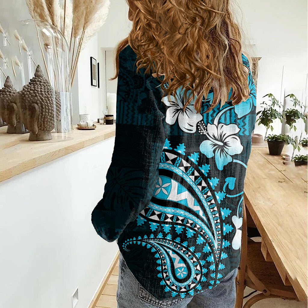 Fiji Masi Paisley Damen Freizeithemd Fijian Hibiscus Tapa Himmelblau Version LT01