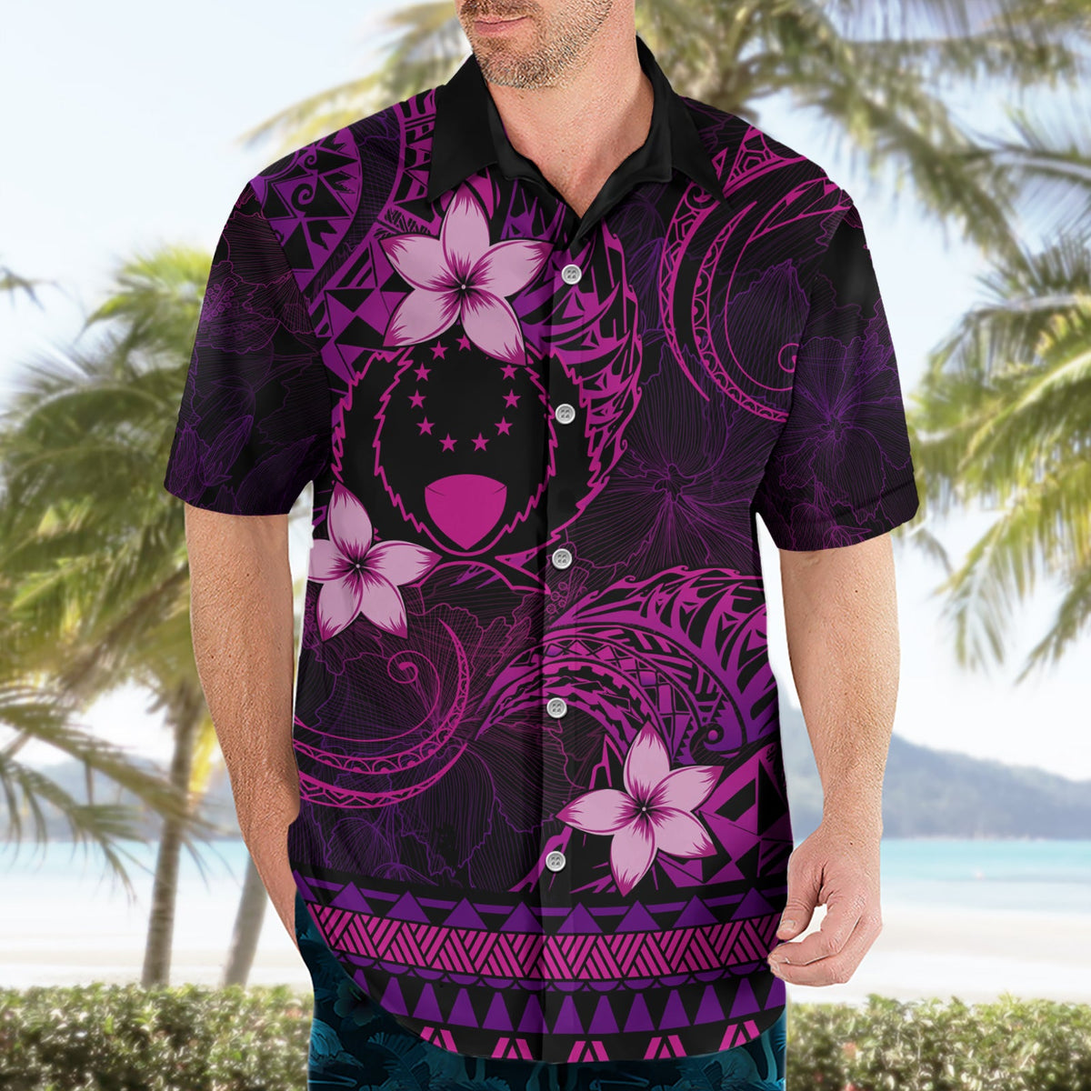 FSM Pohnpei State Hawaiihemd Tribalmuster Rosa Version LT01