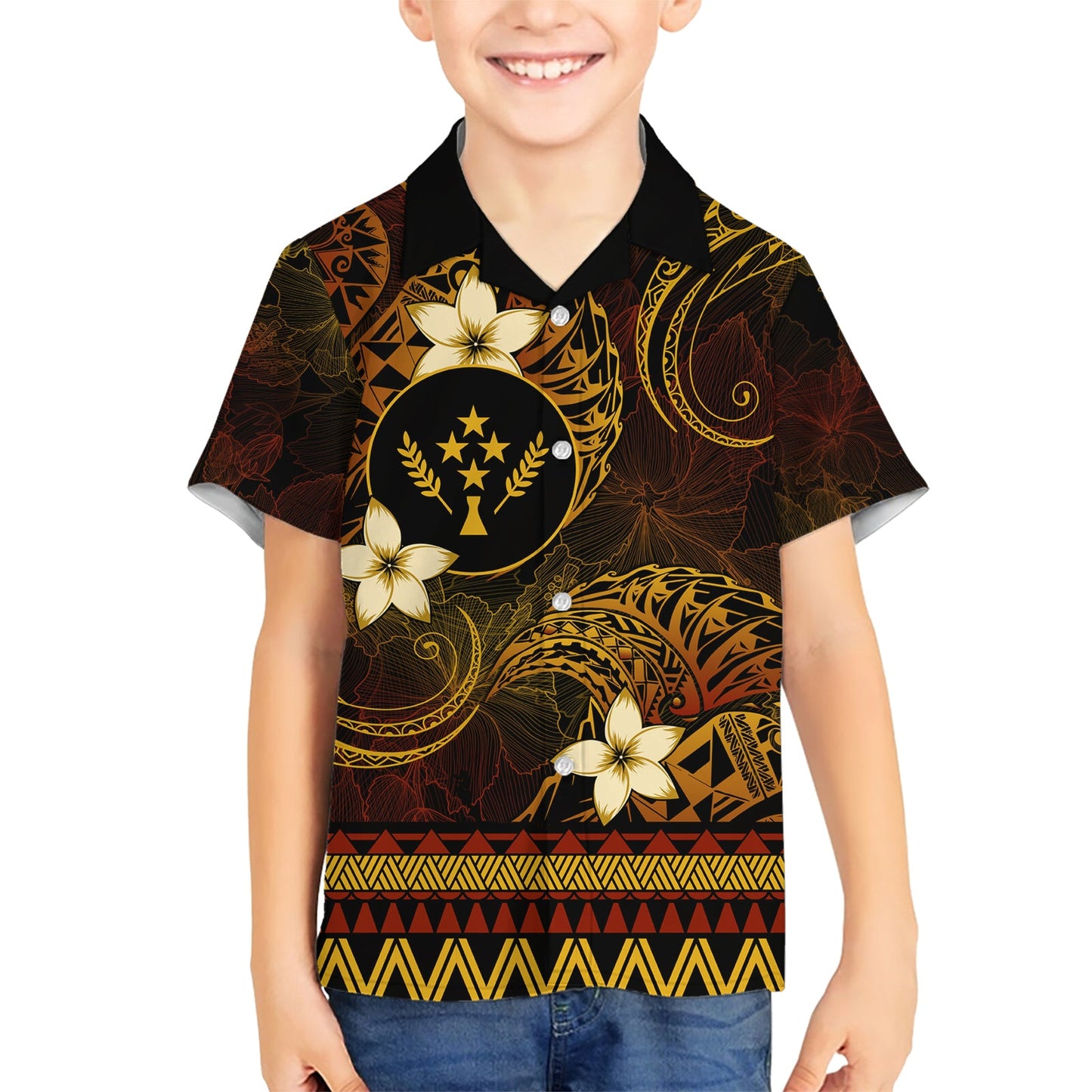 FSM Kosrae State Hawaiihemd Tribalmuster Goldversion LT01