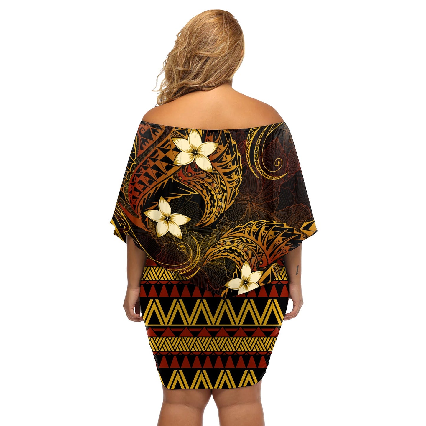 FSM Kosrae State Off Shoulder Kurzes Kleid blumen Tribal Muster Gold Version LT01
