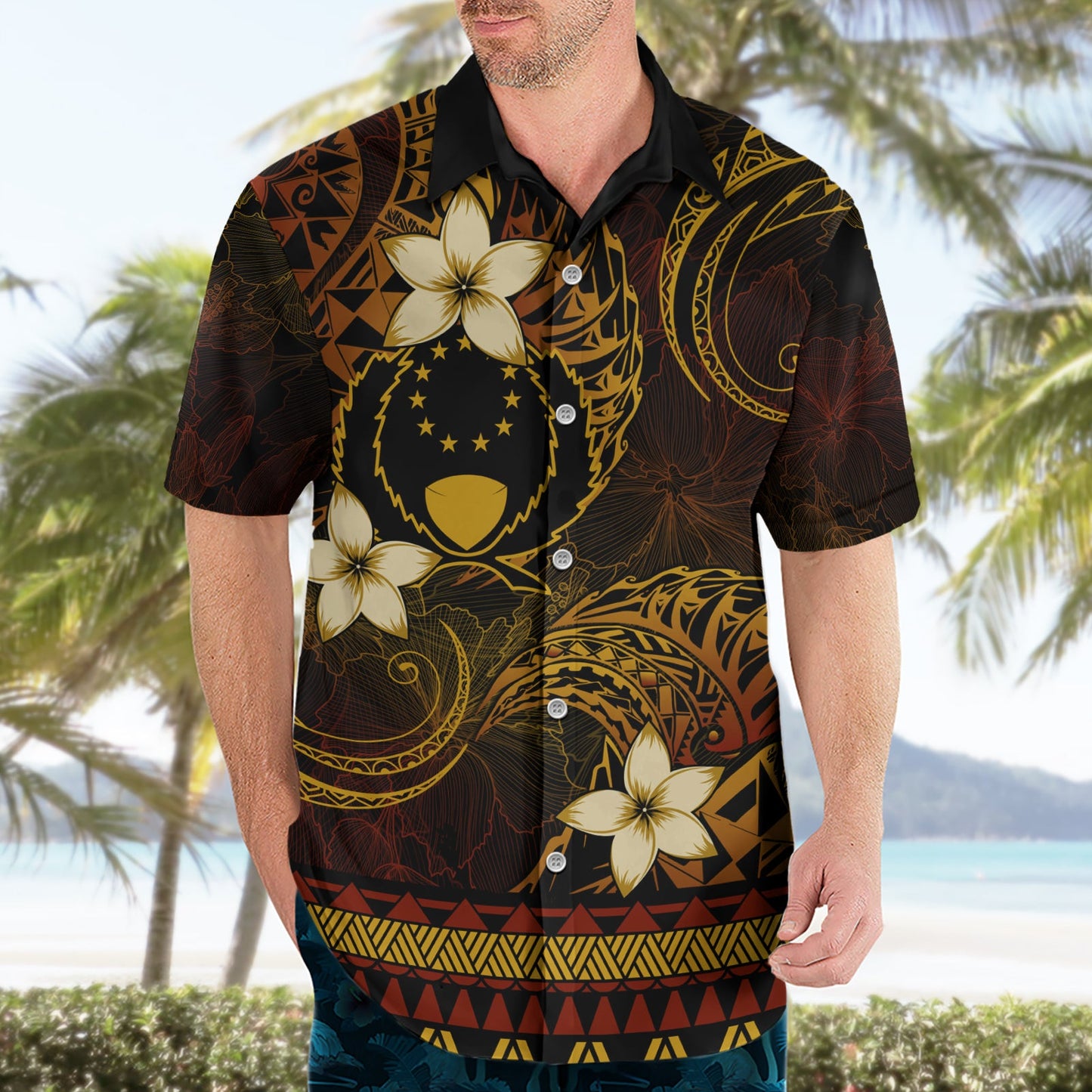 FSM Pohnpei State Hawaiihemd Tribalmuster Goldversion LT01