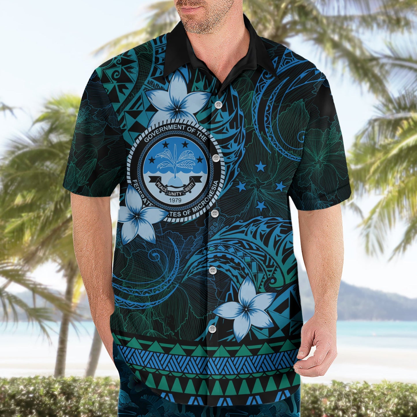 FSM Kulturtag Hawaiihemd Tribal Muster Ozean Version LT01