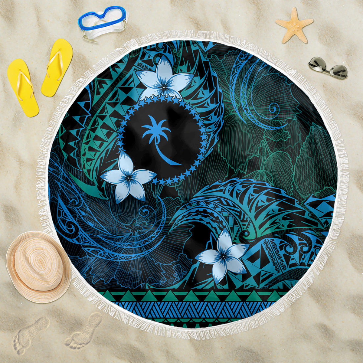 FSM Chuuk State Beach Blanket Tribal Pattern Ocean Version