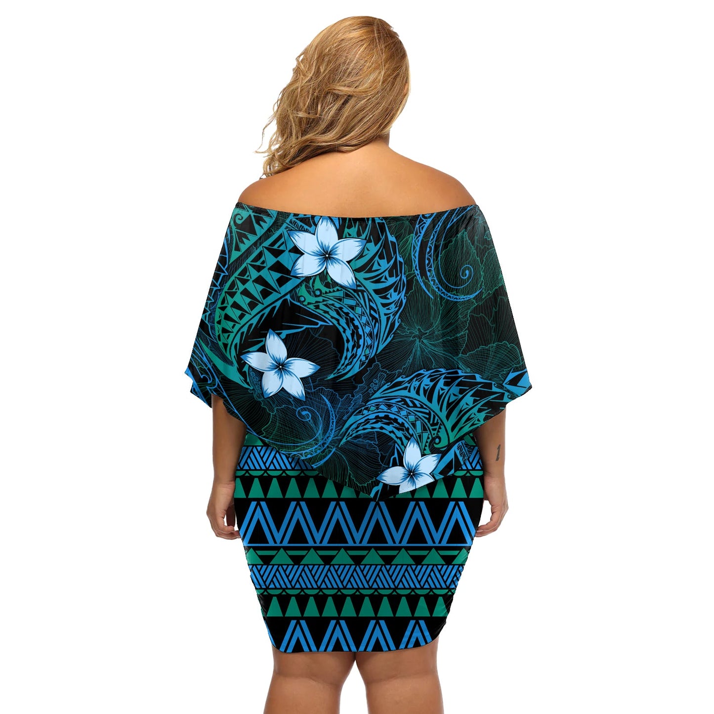 FSM Pohnpei State Schulterfreies Kurzes Kleid blumen Tribal Muster Ozean Version LT01
