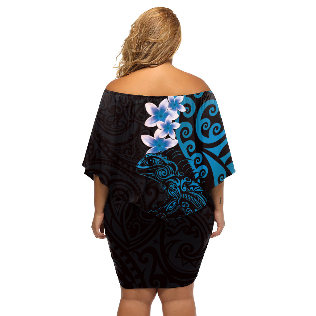 Neuseeland Tuatara Plumeria Off Shoulder Kurzes Kleid mit blumen Maori Blau Koru Tribal Tattoo LT01