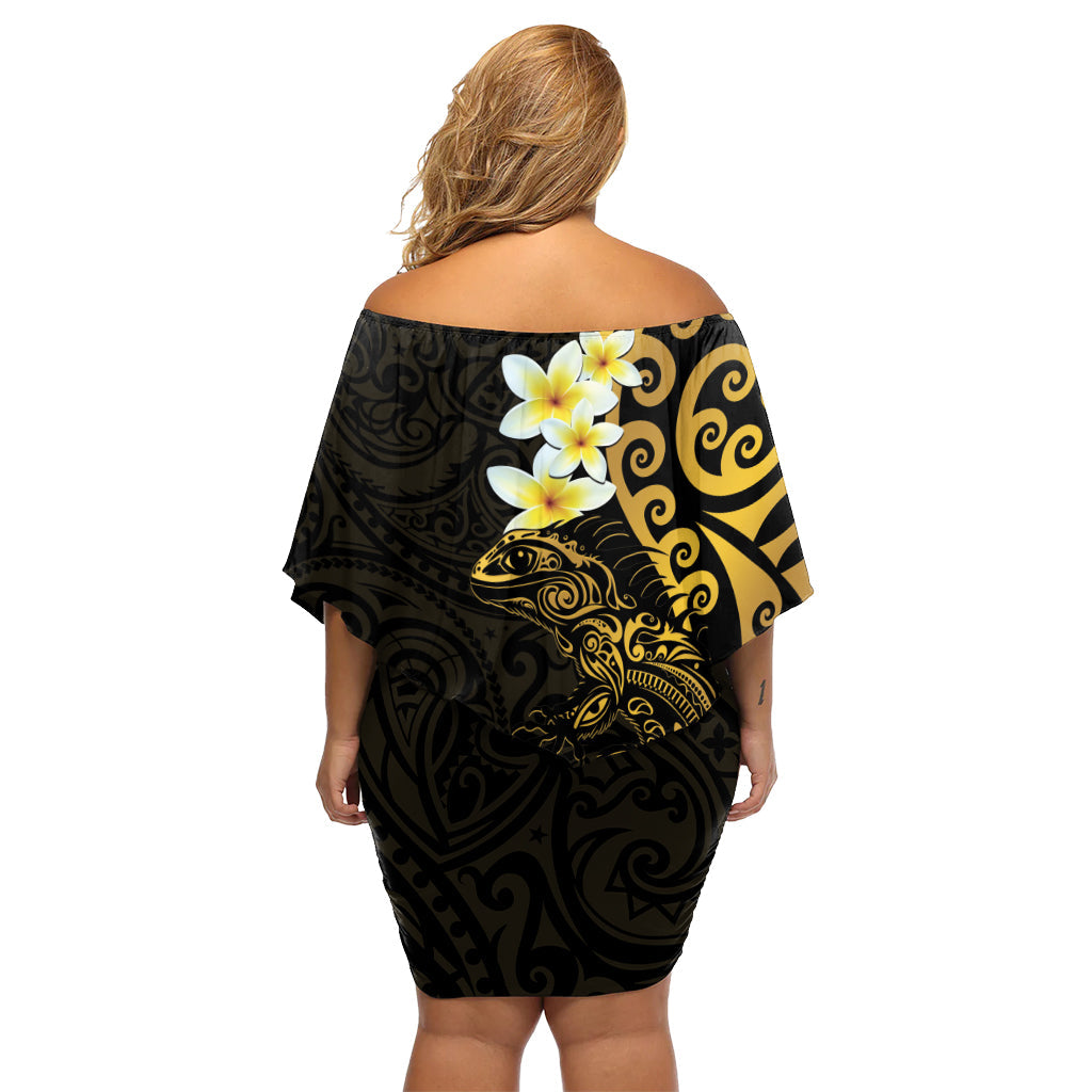 Neuseeland Tuatara Plumeria Off Schulter kurzes Kleid mit blumen Maori Gold Koru Tribal Tattoo LT01