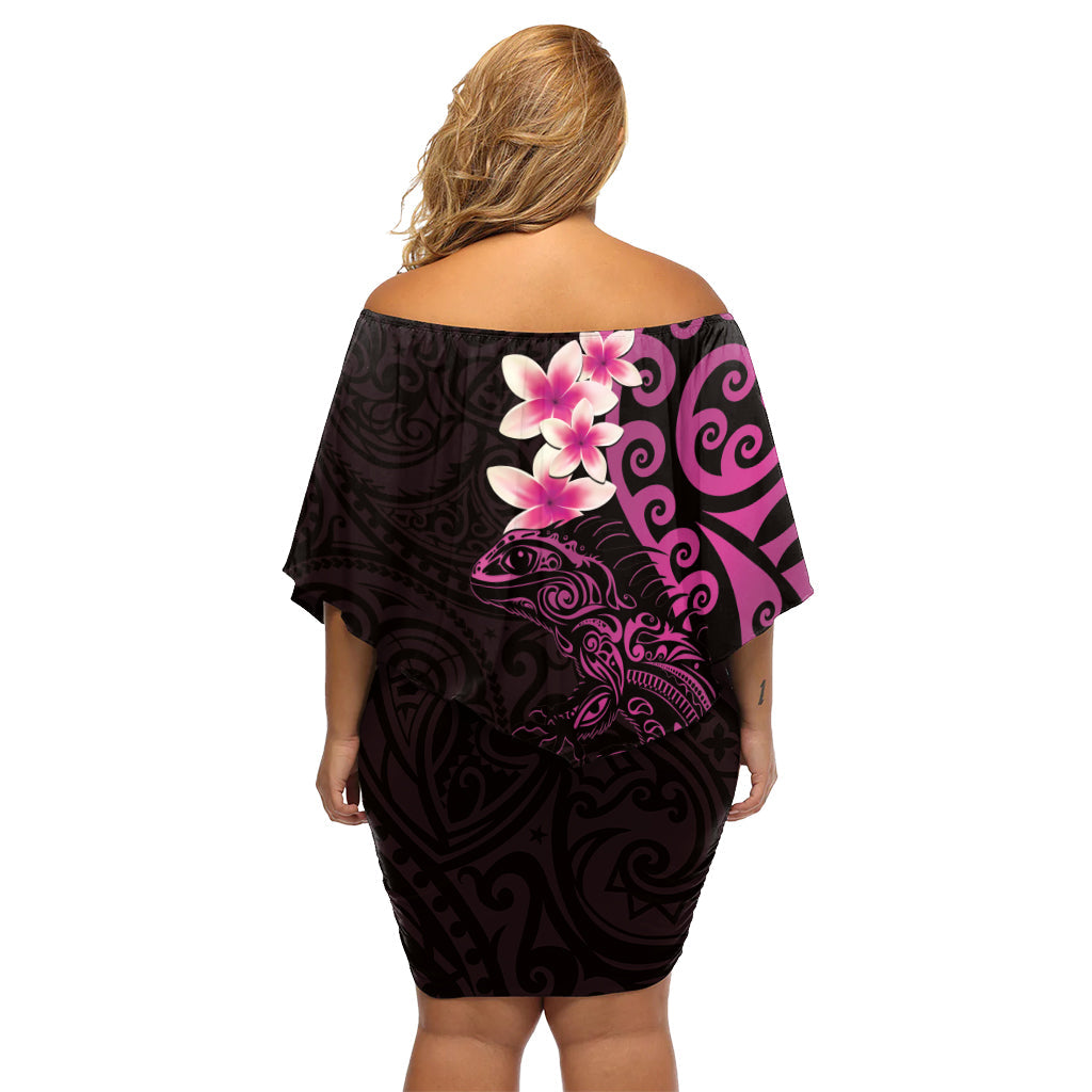 Neuseeland Tuatara Plumeria Off Shoulder Kurzes Kleid mit blumen Maori Pink Koru Tribal Tattoo LT01
