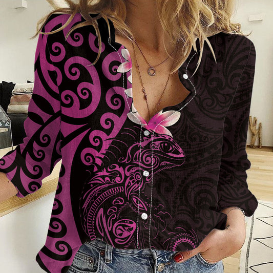 New Zealand Tuatara Plumeria Women Casual Shirt Maori Pink Koru Tribal Tattoo