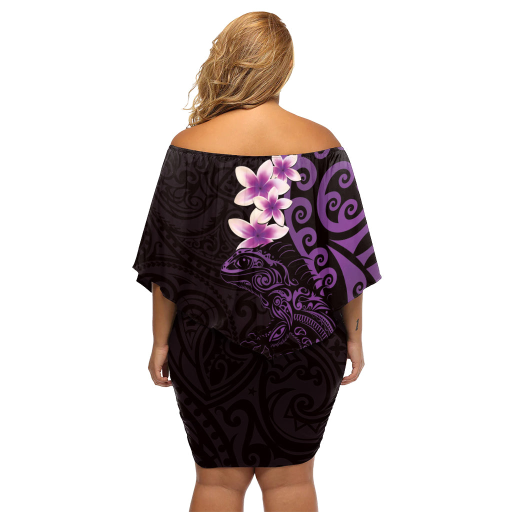 Neuseeland Tuatara Plumeria Off Shoulder Kurzes Kleid mit blumen Maori Lila Koru Tribal Tattoo LT01