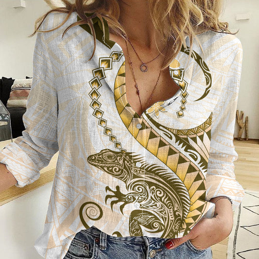 Gold Maori Tuatara Women Casual Shirt Luxury Pastel Pattern