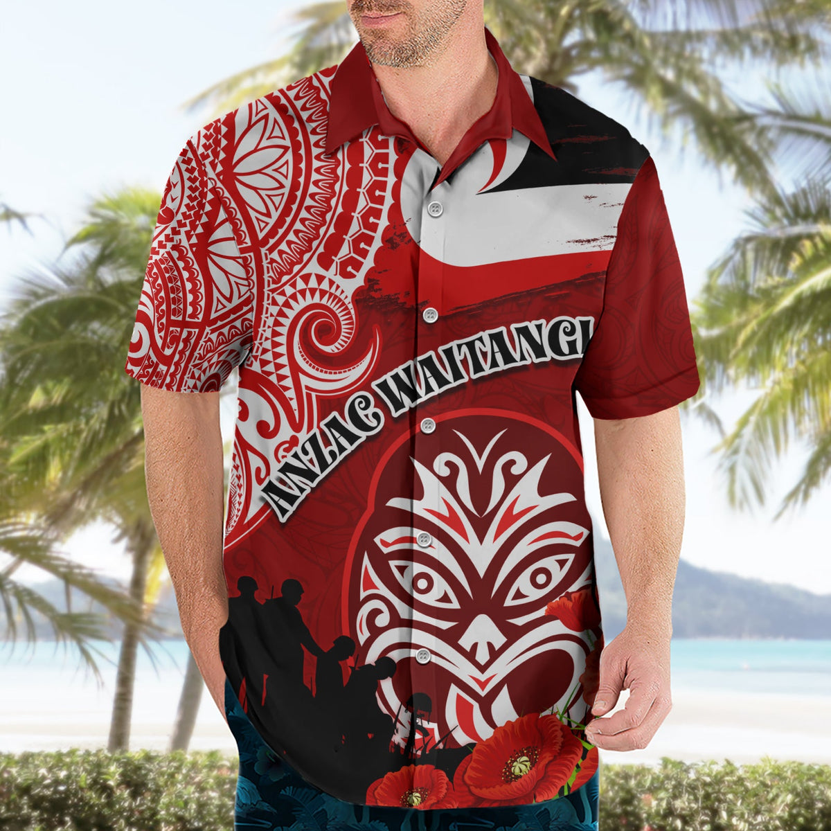Neuseeland ANZAC Waitangi Day Hawaiihemd Lest We Forget Soldier Tiki Maori Style LT03