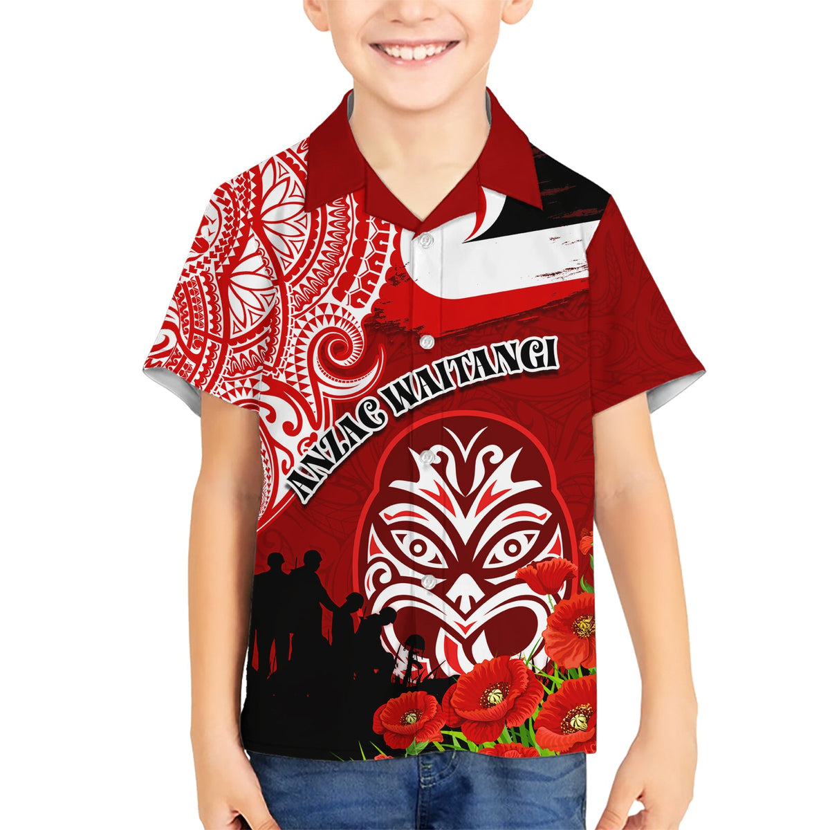Neuseeland ANZAC Waitangi Day Hawaiihemd Lest We Forget Soldier Tiki Maori Style LT03