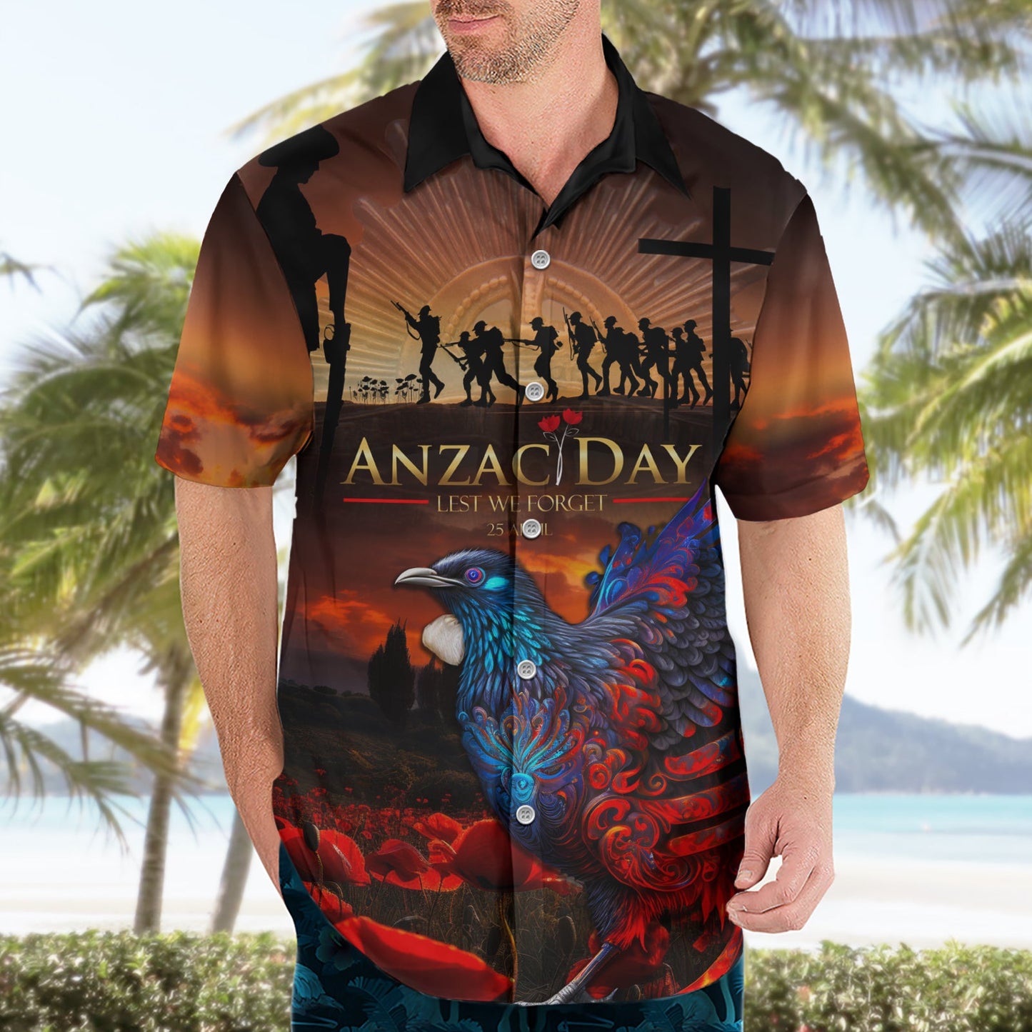 Neuseeland Tui Vogel Soldat ANZAC Hawaiihemd Lest We Forget LT03