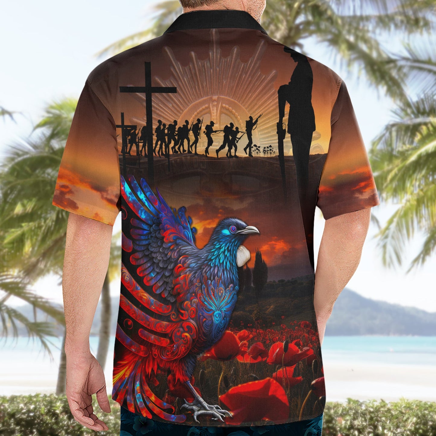 Neuseeland Tui Vogel Soldat ANZAC Hawaiihemd Lest We Forget LT03