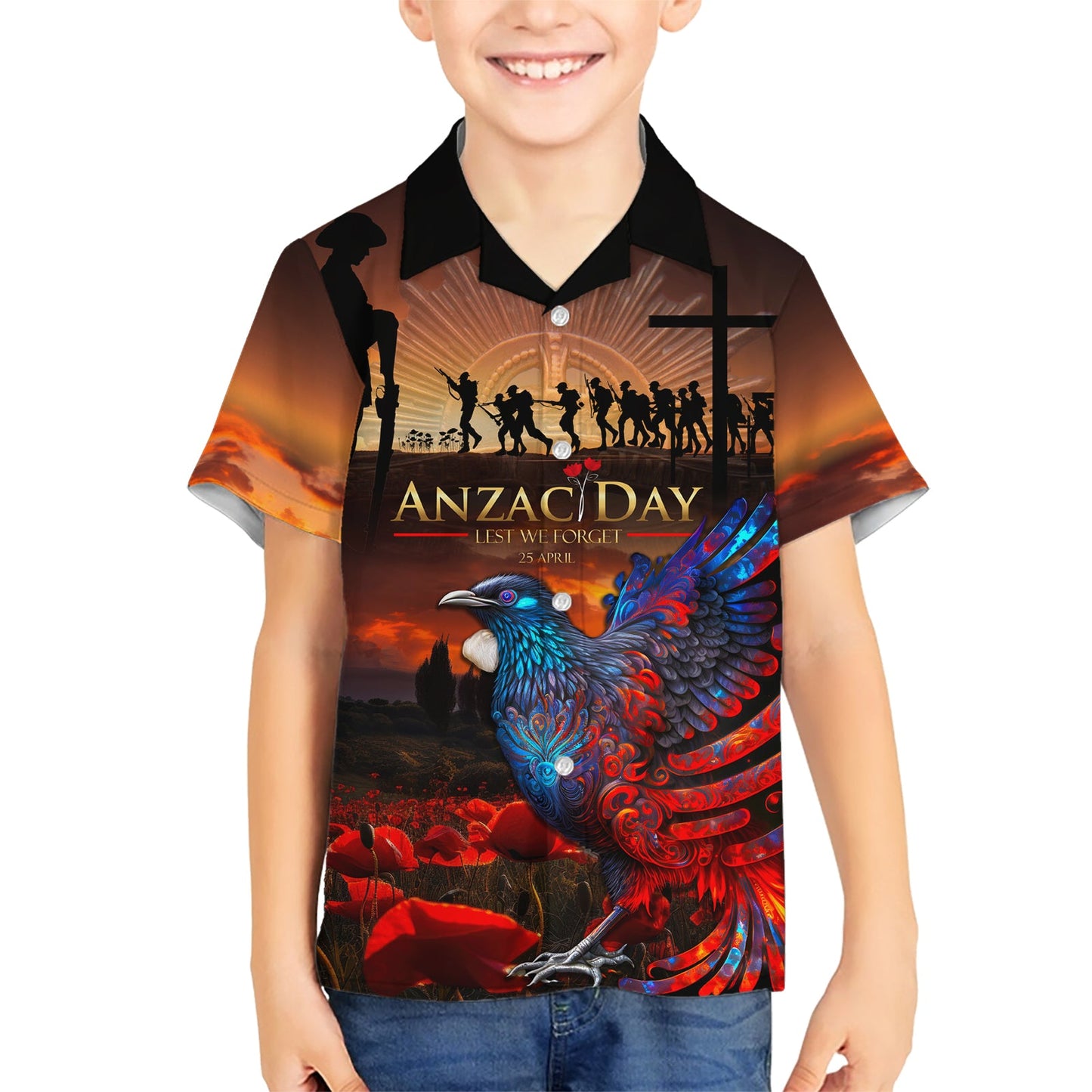 Neuseeland Tui Vogel Soldat ANZAC Hawaiihemd Lest We Forget LT03
