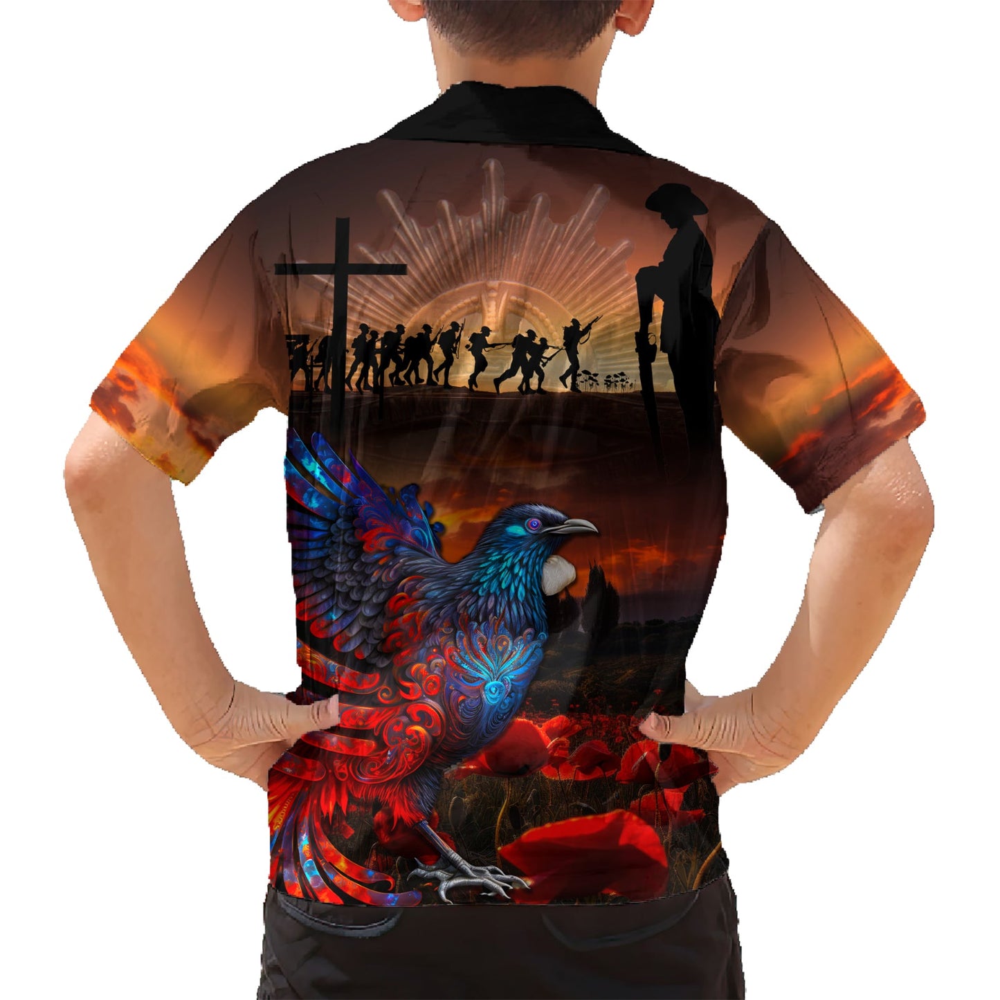 Neuseeland Tui Vogel Soldat ANZAC Hawaiihemd Lest We Forget LT03