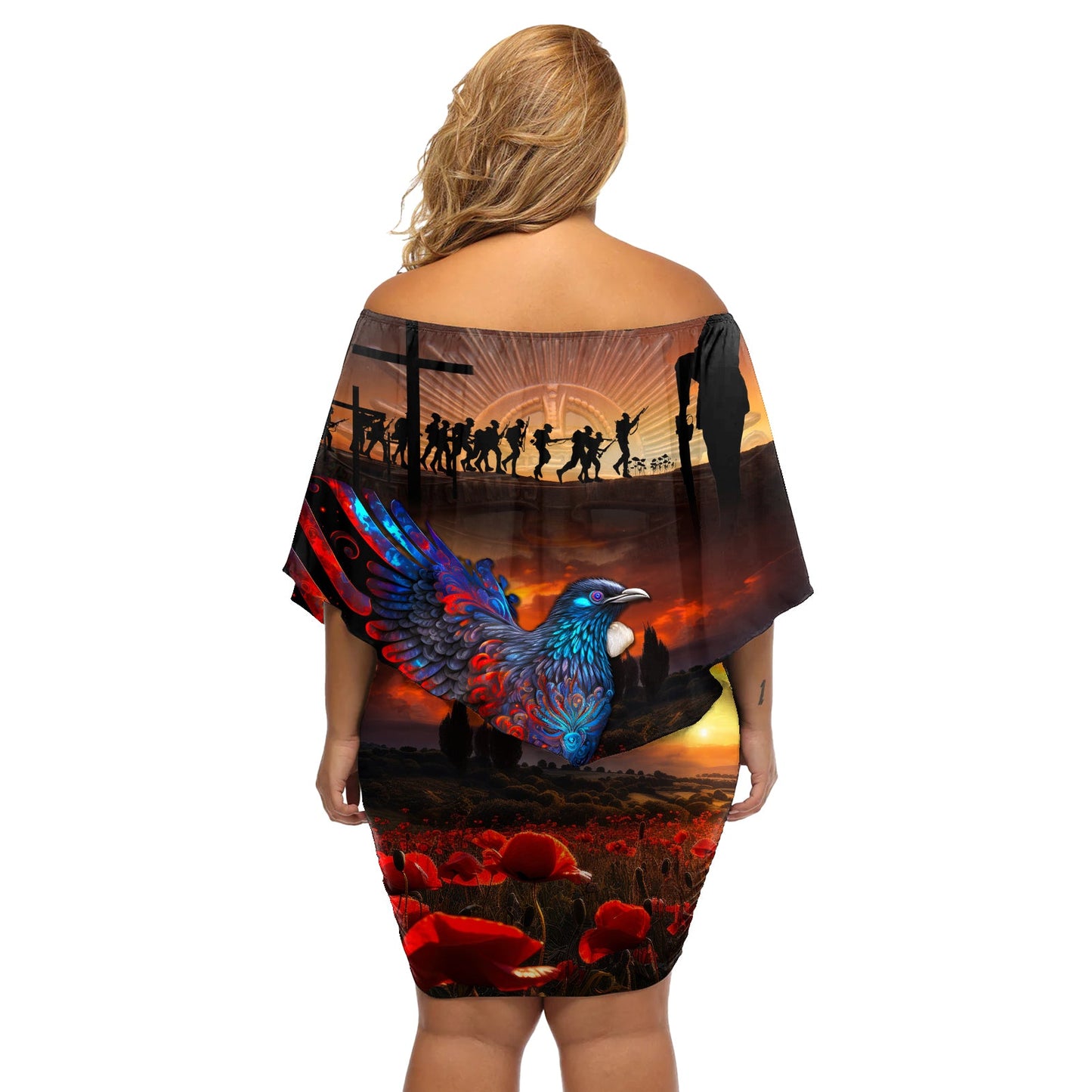 Neuseeland Tui Vogel Soldat ANZAC Off Schulter kurzes Kleid blumen Lest We Forget LT03