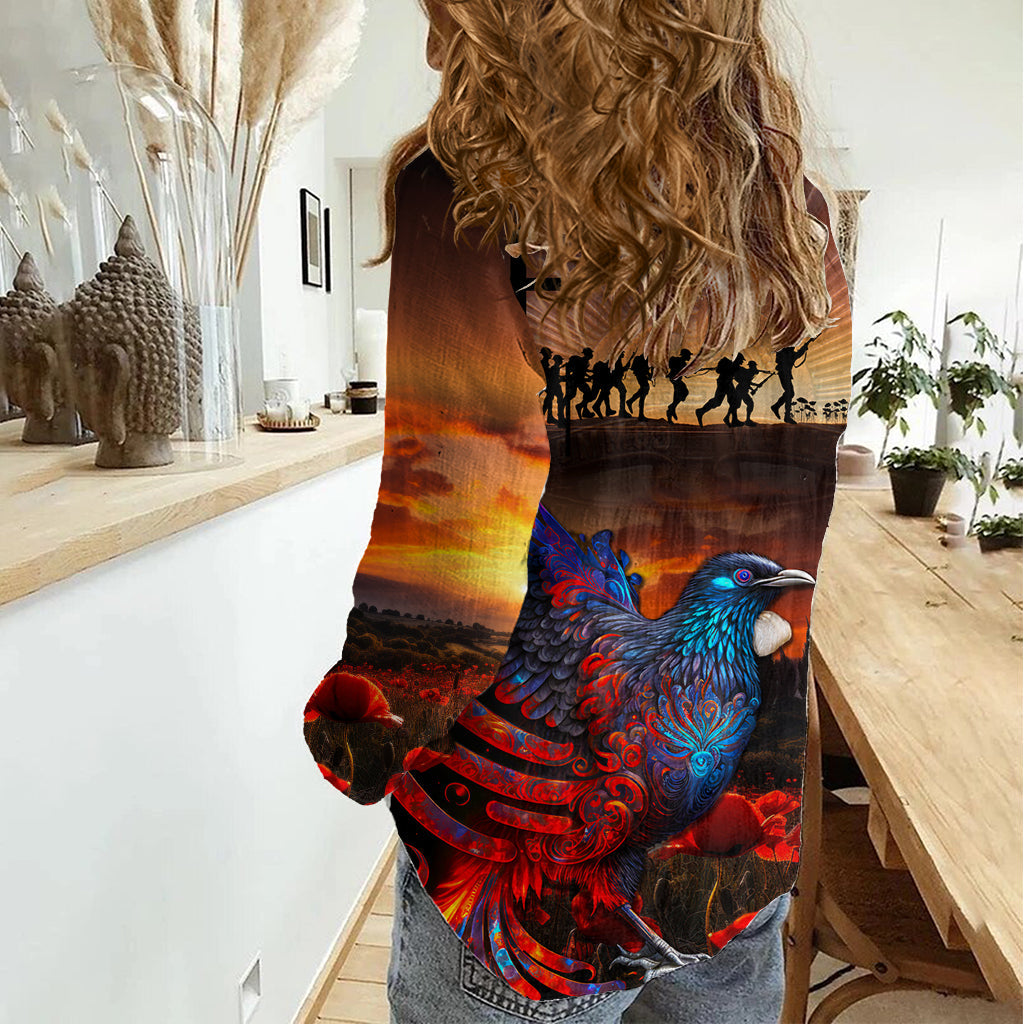 Neuseeland Tui Vogel Soldat ANZAC Frauen Casual Shirt Lest We Forget LT03