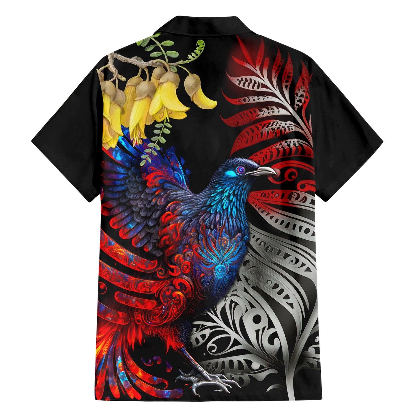 Neuseeland Kohwhai Tui Vogel Hawaiihemd Silber Farn Version LT03