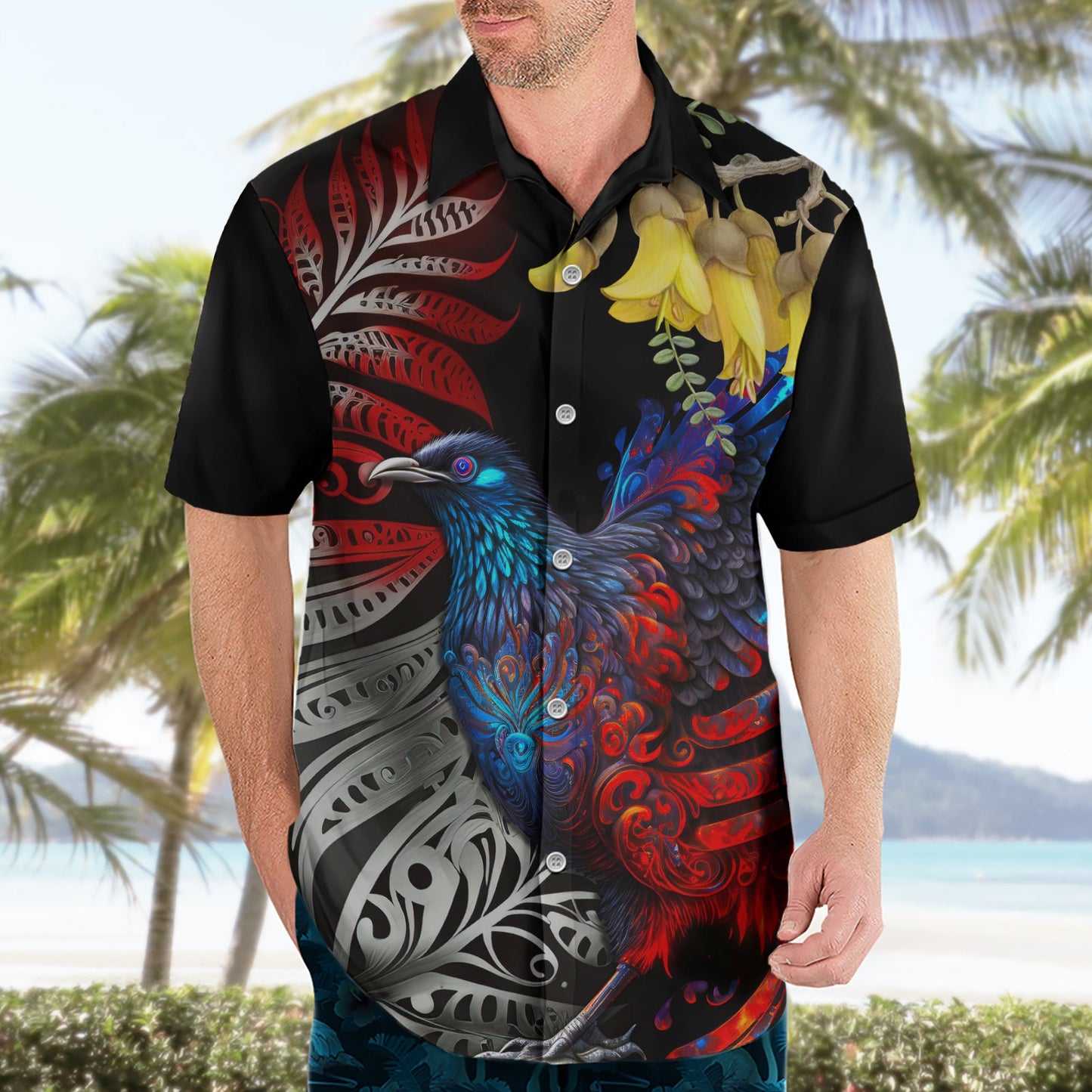 Neuseeland Kohwhai Tui Vogel Hawaiihemd Silber Farn Version LT03
