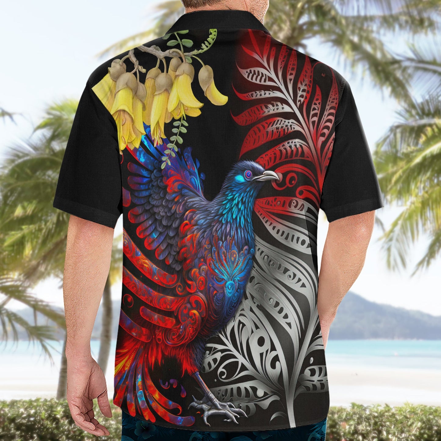 Neuseeland Kohwhai Tui Vogel Hawaiihemd Silber Farn Version LT03