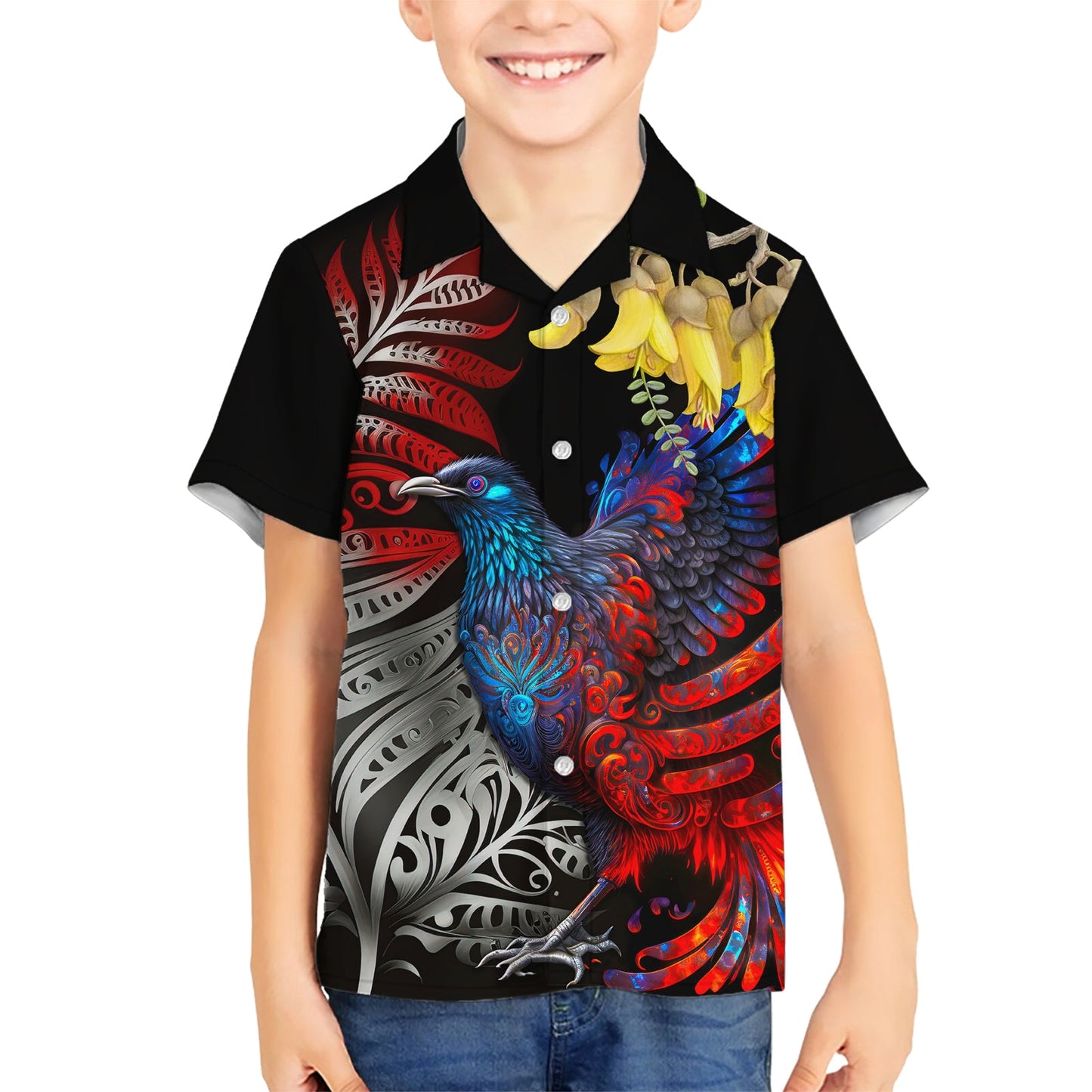 Neuseeland Kohwhai Tui Vogel Hawaiihemd Silber Farn Version LT03