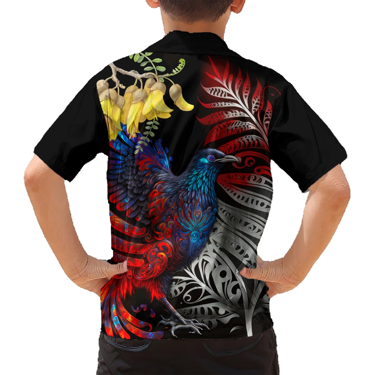 Neuseeland Kohwhai Tui Vogel Hawaiihemd Silber Farn Version LT03