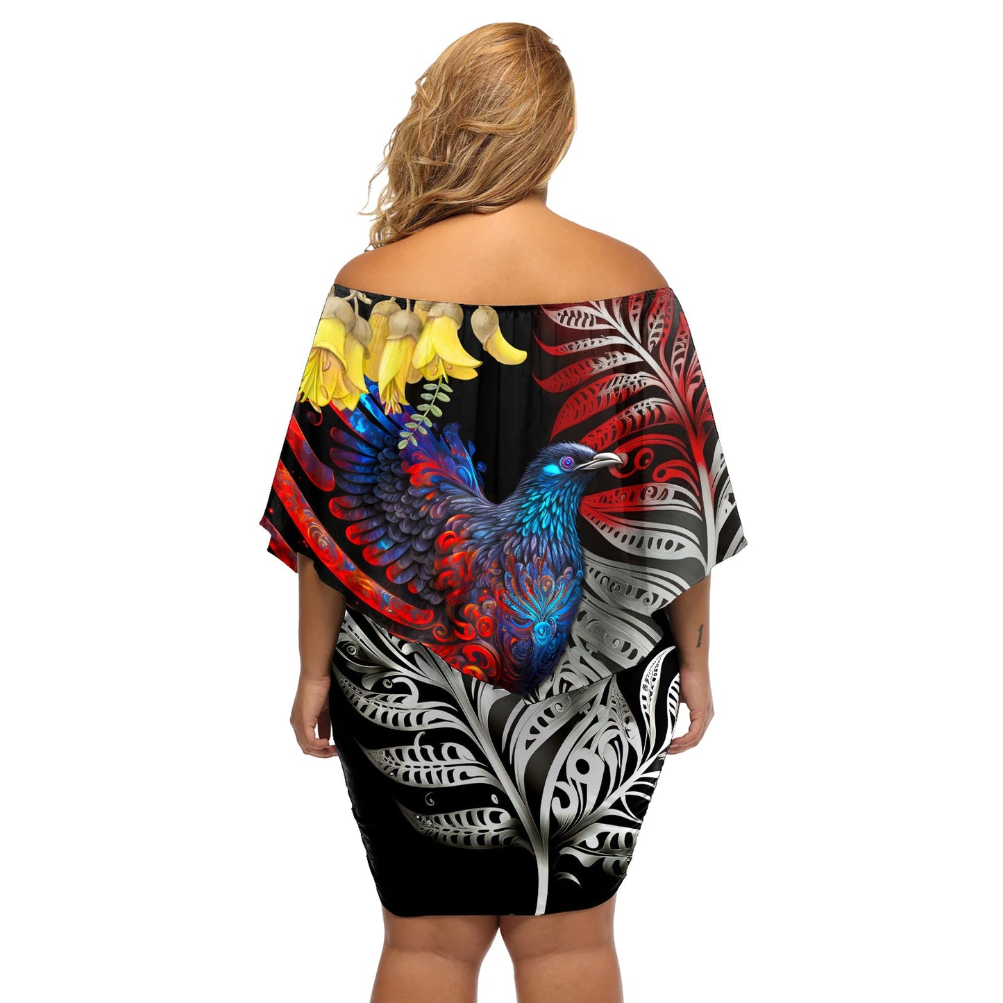 Neuseeland Kohwhai Tui Vogel Off Schulter Kurzes Kleid blumen Silber Farn Version LT03