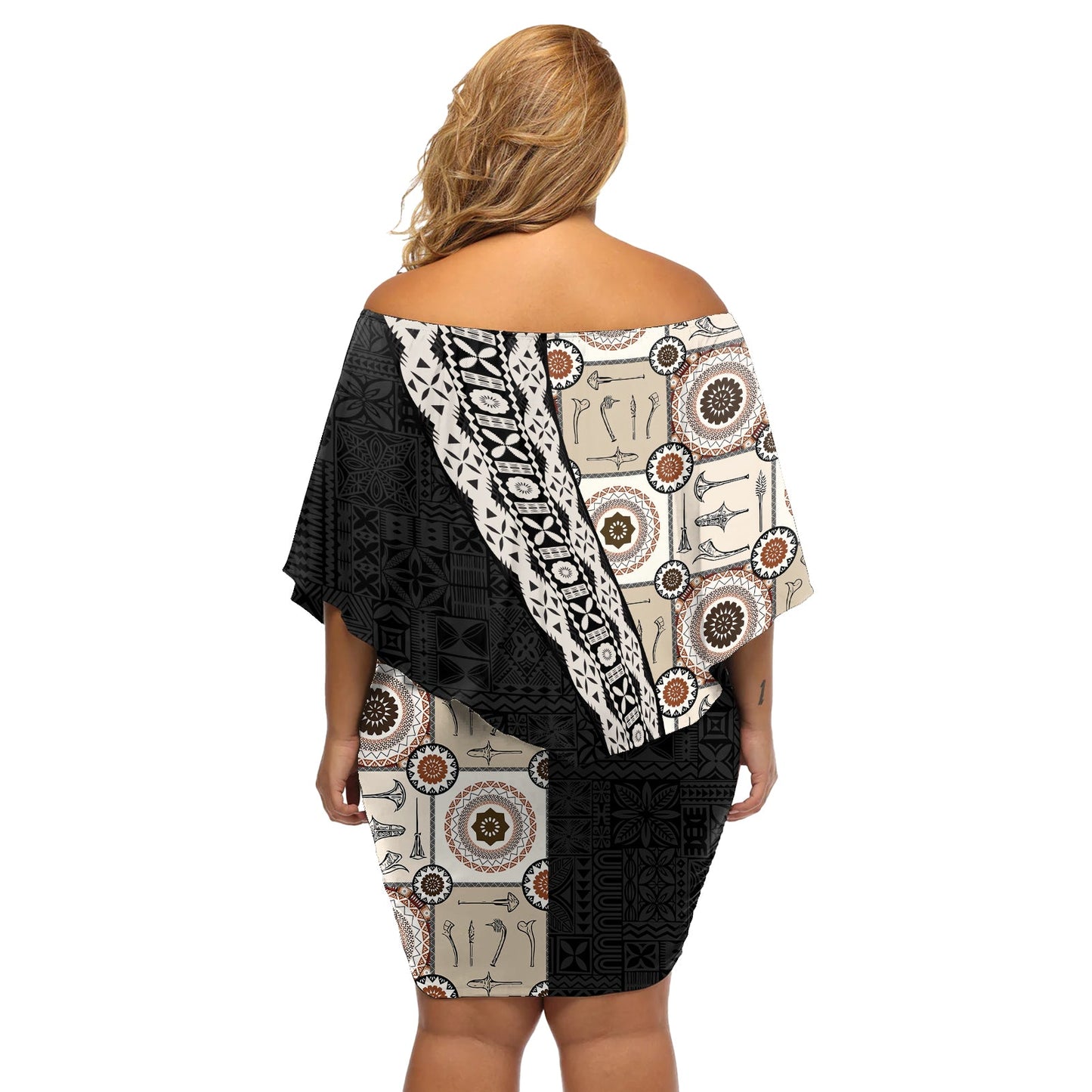 Tukenny Muster Fidschianische Kriegskeulen Mix Tapa Tribal Schulterfreies Kurzes Kleid blumen LT03