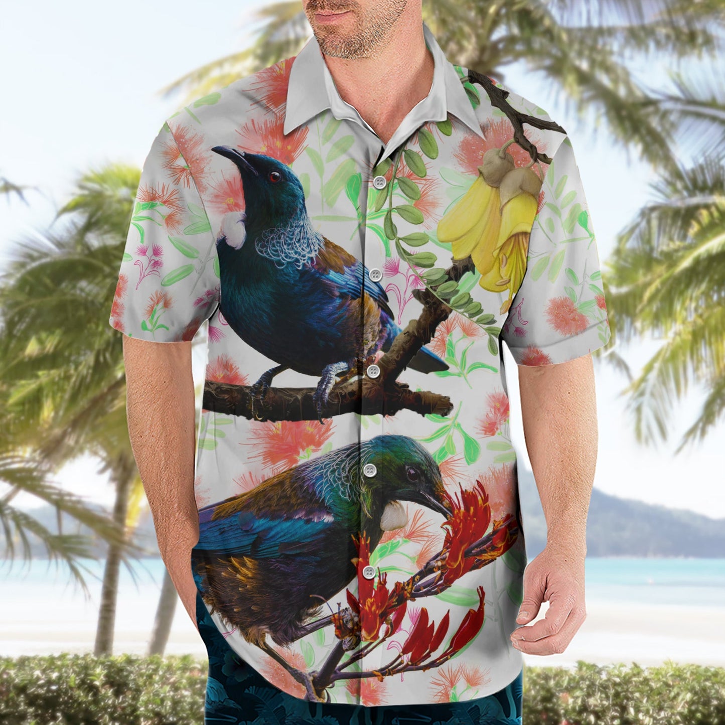 Neuseeland Pohutukawa Tui Vogel Hawaiihemd Kowhai Version LT03