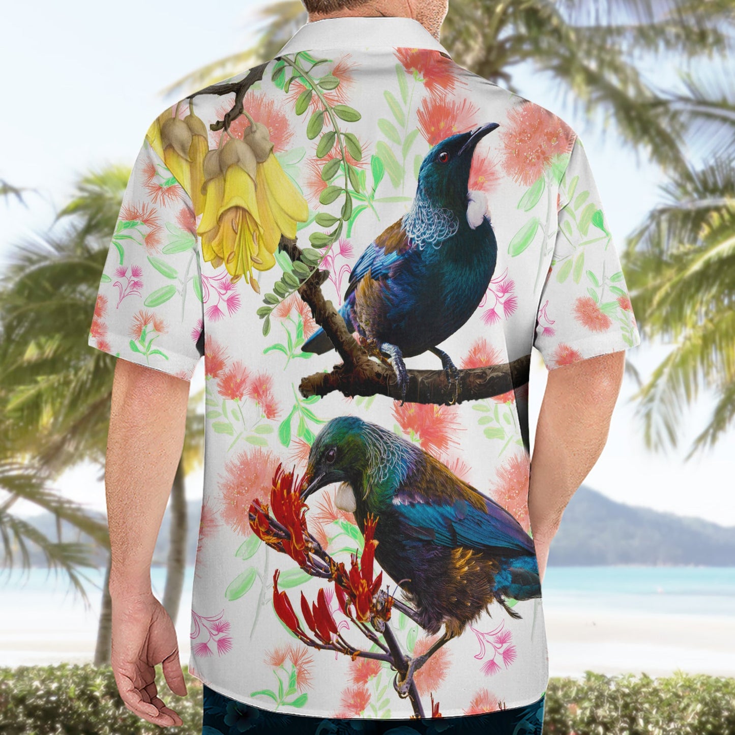 Neuseeland Pohutukawa Tui Vogel Hawaiihemd Kowhai Version LT03