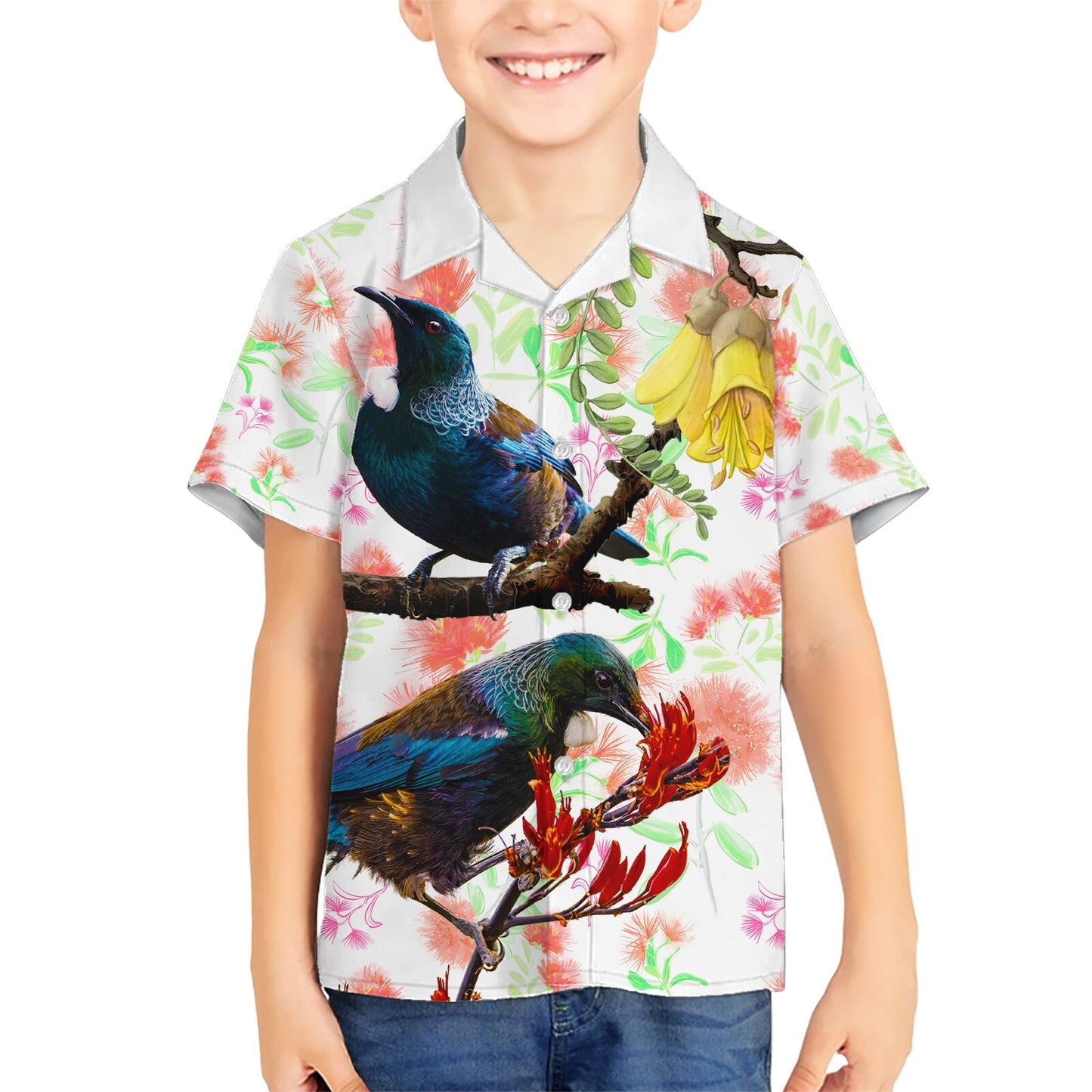 Neuseeland Pohutukawa Tui Vogel Hawaiihemd Kowhai Version LT03