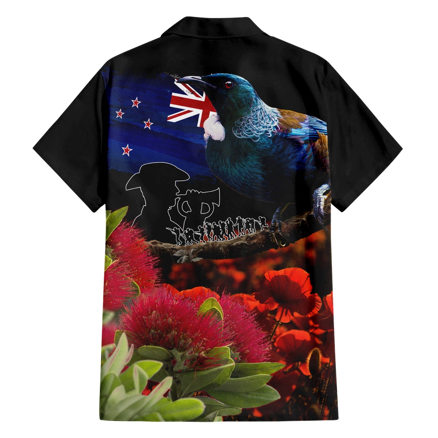 Neuseeland ANZAC Day Hawaiihemd Pohutukawa Blume und Tui Vogel LT03