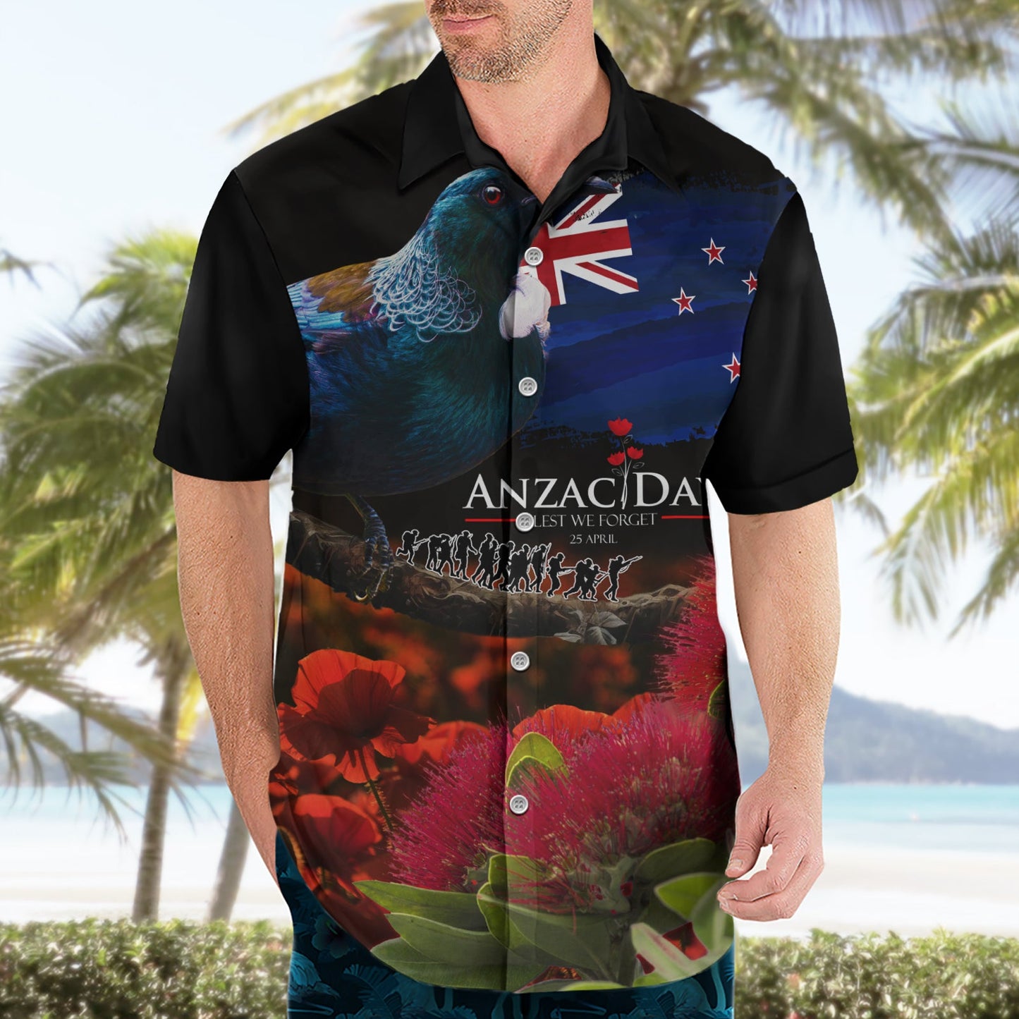 Neuseeland ANZAC Day Hawaiihemd Pohutukawa Blume und Tui Vogel LT03