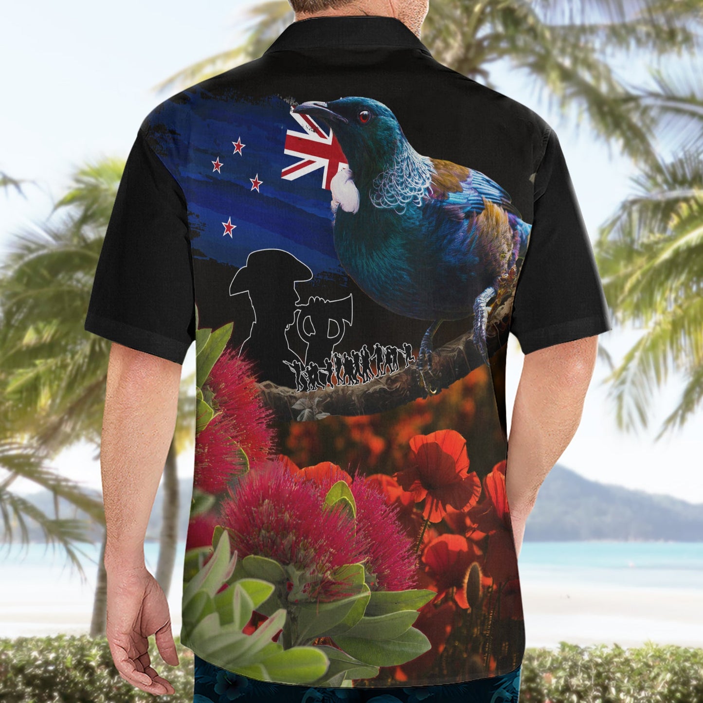 Neuseeland ANZAC Day Hawaiihemd Pohutukawa Blume und Tui Vogel LT03