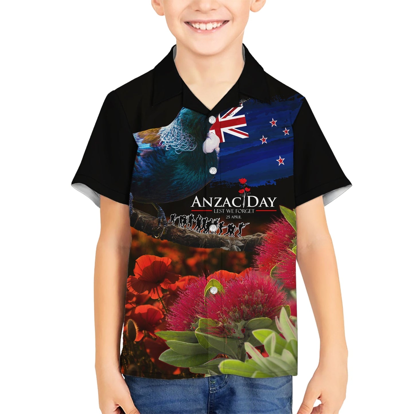 Neuseeland ANZAC Day Hawaiihemd Pohutukawa Blume und Tui Vogel LT03