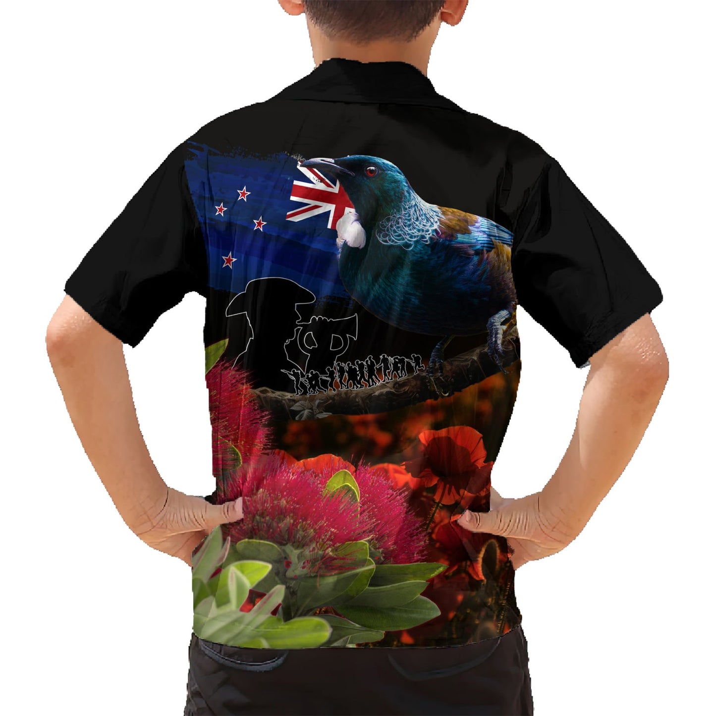 Neuseeland ANZAC Day Hawaiihemd Pohutukawa Blume und Tui Vogel LT03