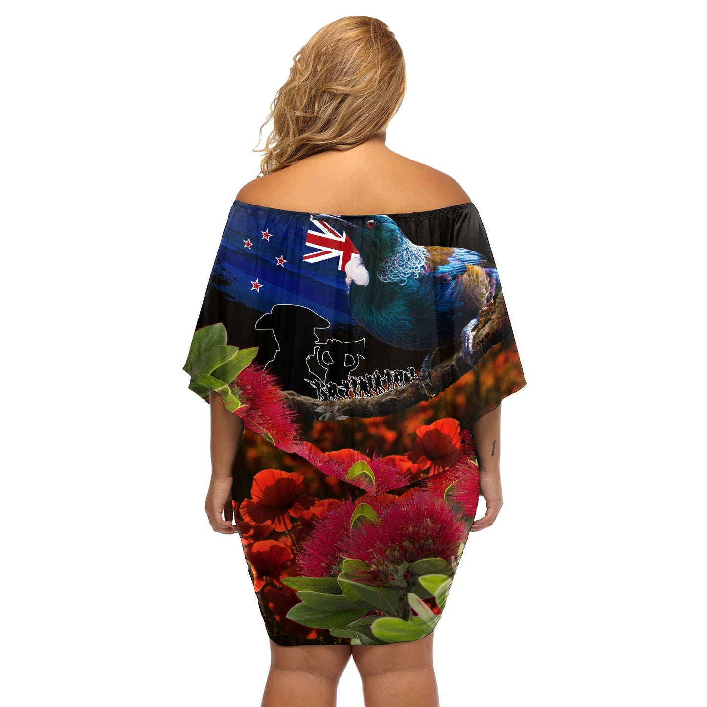 Neuseeland ANZAC Day Schulterfreies Kurzes Kleid blumen Pohutukawa Blume und Tui Vogel LT03
