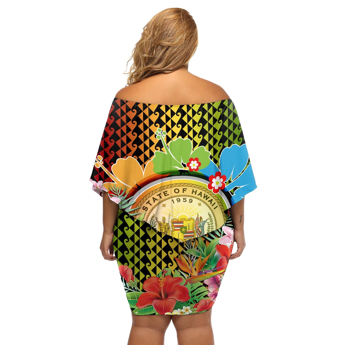 Hawaii Womens Day Wahine Off Shoulder Kurzes Kleid blumen Starke schöne Frau mit Kakau Style LT03