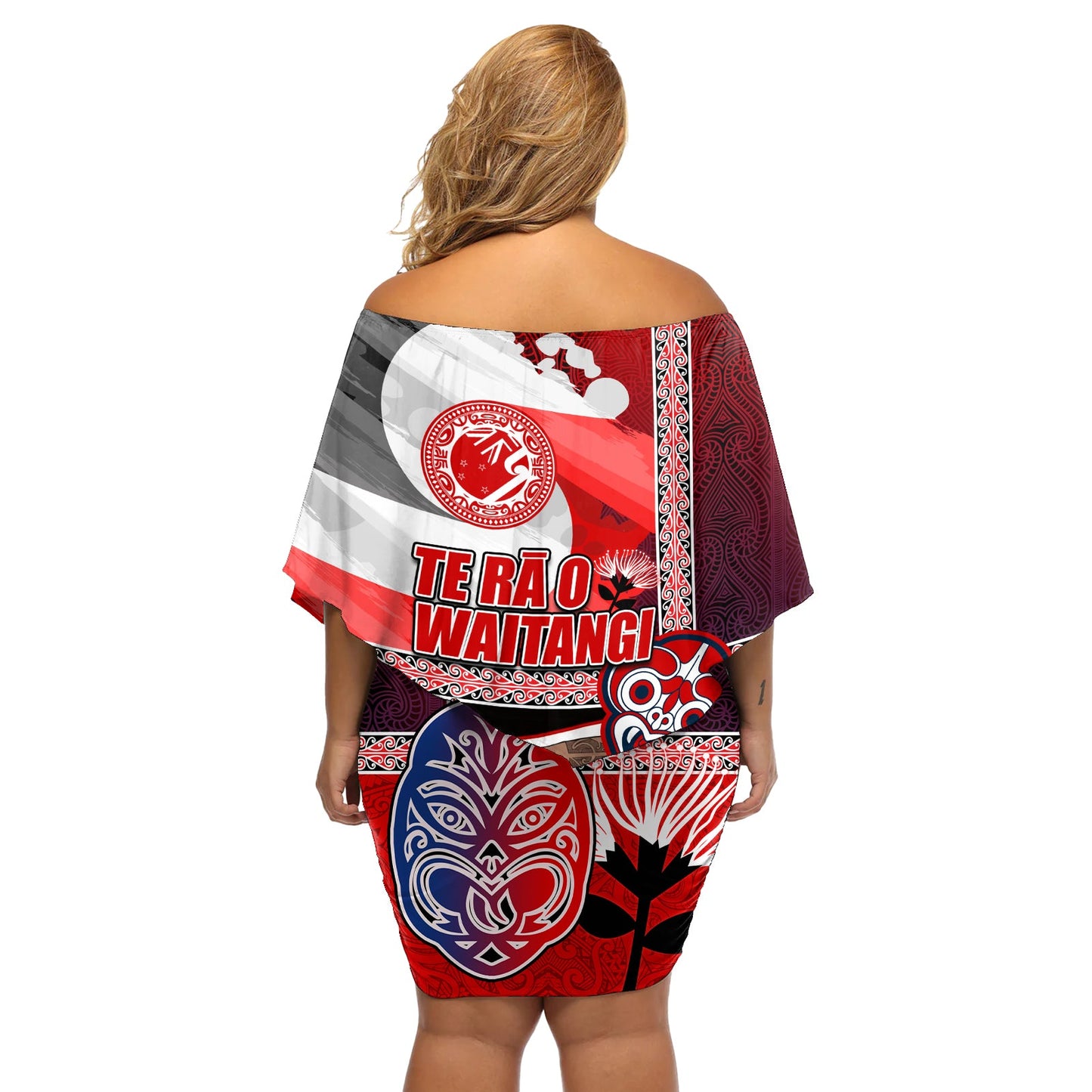Maori Waitangi Off Shoulder Kurzes Kleid blumen Hei-tiki Koru mit Tino Rangatiratanga Maori Flagge LT03