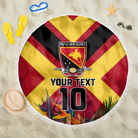 Custom Papua New Guinea Rugby Beach Blanket Bird of Paradise and Hibiscus Polynesian Pattern Red Color